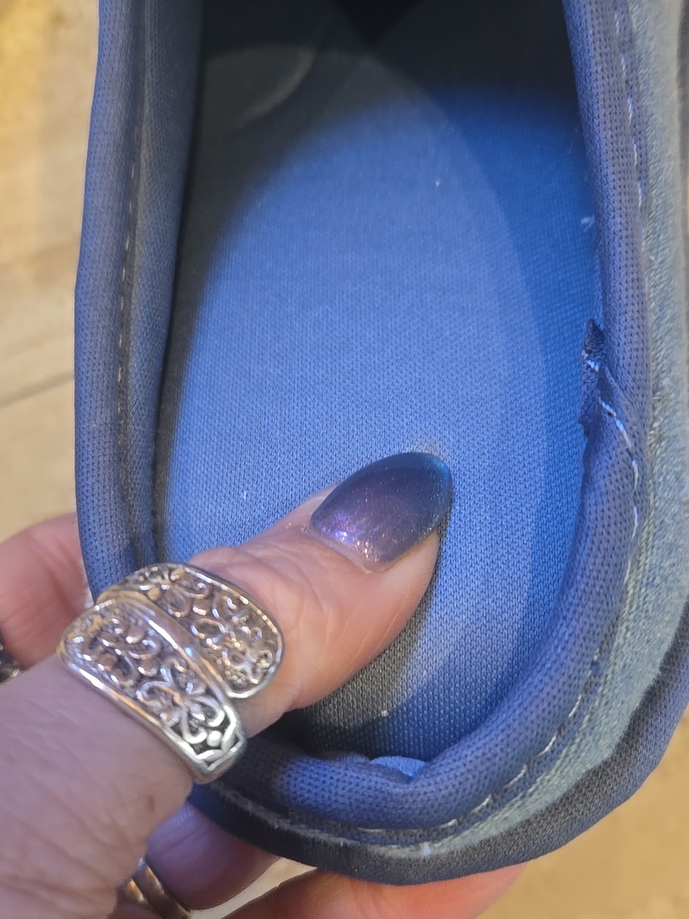 Rae Dunn "Rise and Shine" Denim Blue Slippers - Picture 10 of 11